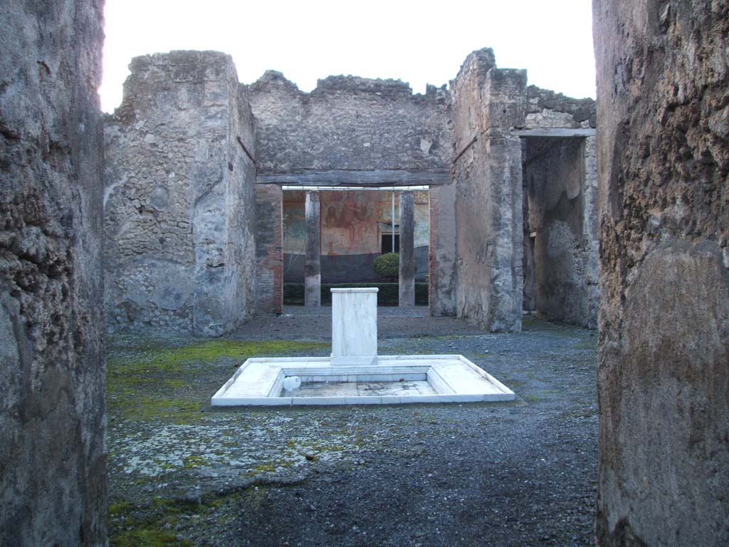 VI.14.20 Pompeii. December 2004. Looking west across atrium 1 and impluvium, from entrance fauces or corridor.
According to Garcia y Garcia, during the 1943 bombing, the explosions of the bombs falling nearby caused the ruin and partial loss of the IVth Style plaster on the south and north walls of the entrance corridor.
See Garcia y Garcia, L., 2006. Danni di guerra a Pompei. Rome: L’Erma di Bretschneider. (p.87 and 91).