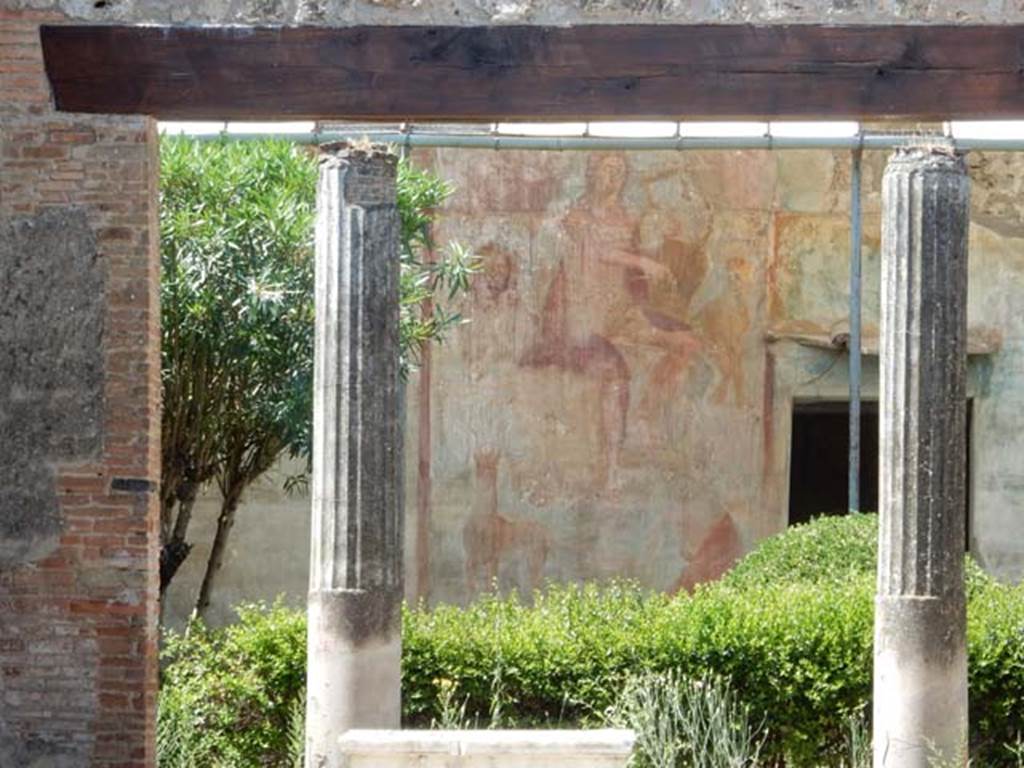 VI.14.20 Pompeii. May 2017. Looking from tablinum to peristyle and west wall with painting of Orpheus. Photo courtesy of Buzz Ferebee.
