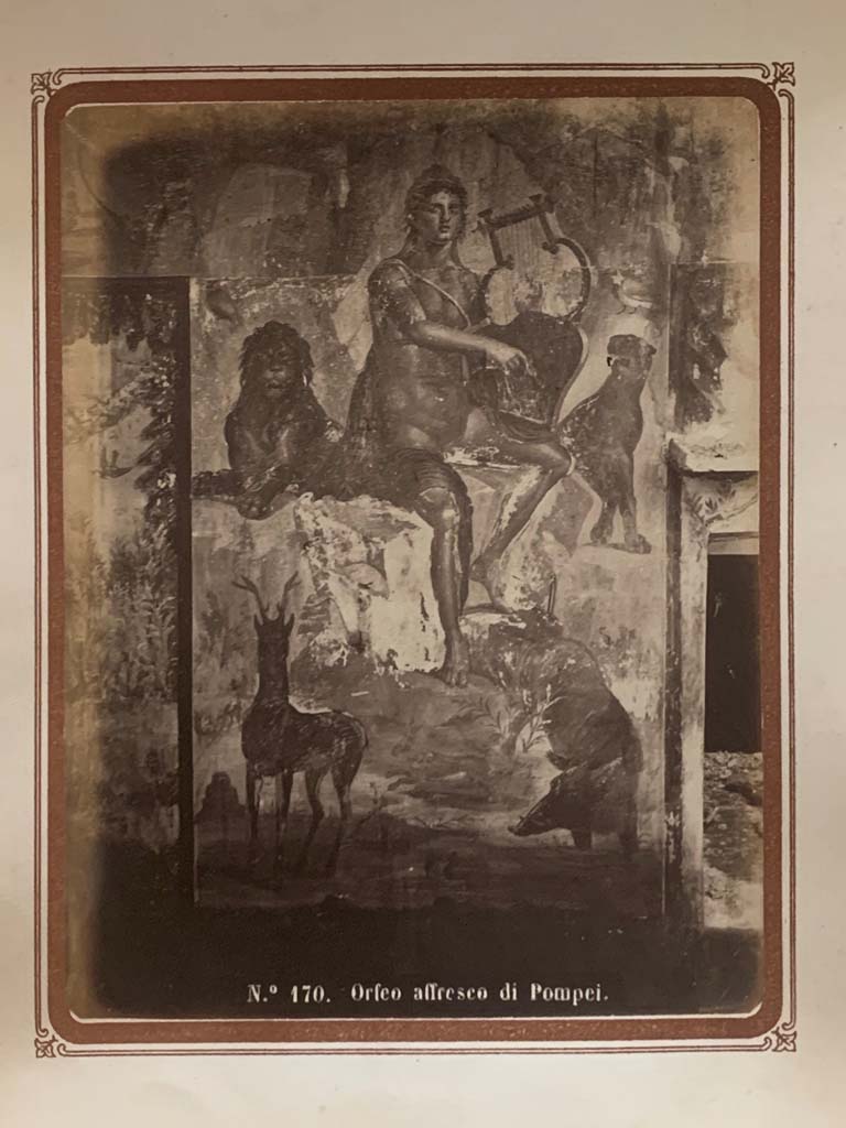 VI.14.20 Pompeii. From an album by Roberto Rive, dated 1868. 
Fresco of Orpheus on west wall of peristyle. Photo courtesy of Rick Bauer.