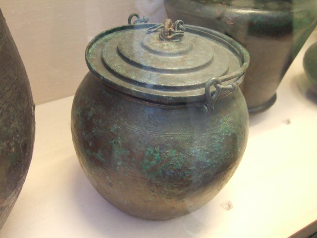 Secchia con coperchio (bucket with lid) found in VI.14.21/22. 
Now in Naples Archaeological Museum. Inventory number 110745.