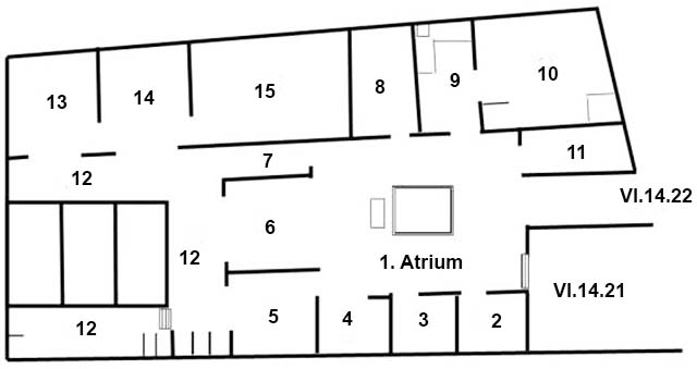 VI.14.22 Pompeii. Fullonica of Balbino or Balbinus?
Fullonica of Marcus Vesonius Primus?
Room Plan