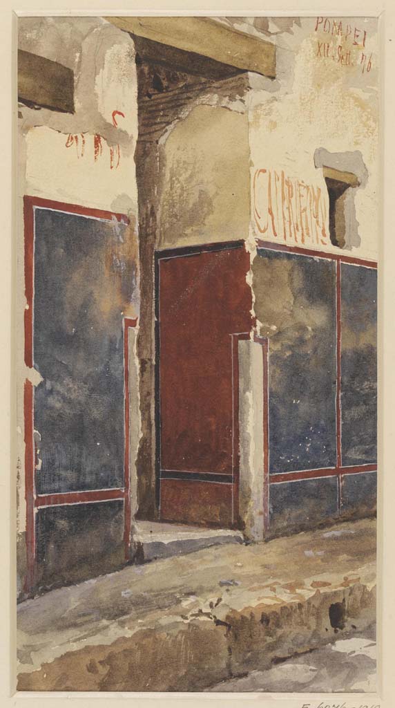 VI.14.22 Pompeii. 1876. Watercolour by Luigi Bazzani.
Looking towards the entrance doorway to the Fullonica or House of the Dyers, in the Via del Vesuvio, at Pompeii.
Photo © Victoria and Albert Museum. Inventory number 2055-1900.