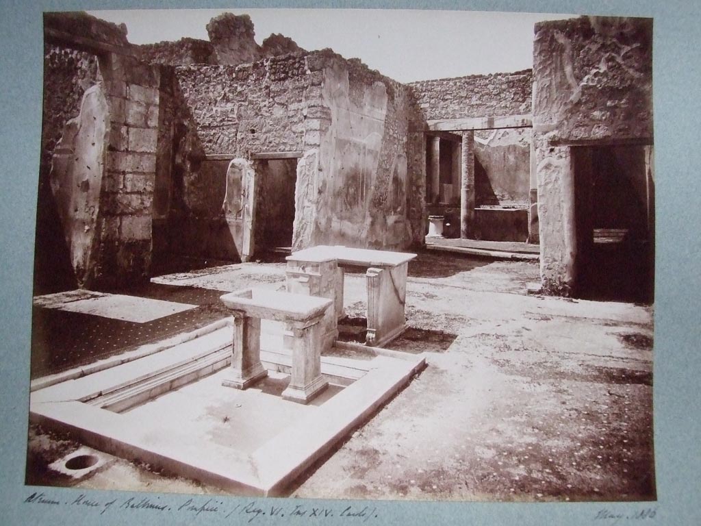 VI.14.22 Pompeii. May 1886. Atrium. Fullonica with marble impluvium, basin, table and pedestal. 
Old photograph courtesy of the Society of Antiquaries, Fox Collection.