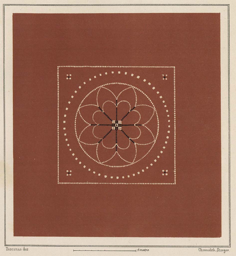 VI.14.22 Pompeii. 1878 painting of floor by Discanno, chromolithograph by Steeger.
Reproduction of flooring of cocciopesto with a floral decoration in the centre outlined with black and white tesserae.
This has now disappeared and been lost. 
See Presuhn E., 1878. Pompeji: Die Neuesten Ausgrabungen von 1874 bis 1878. Leipzig: Weigel, Fasc. IV, Tav. IV.
See Carratelli, G. P., 1990-2003. Pompei Pitture e Mosaici: Vol. V. Roma: Istituto della enciclopedia italiana, (p.321, no.23).