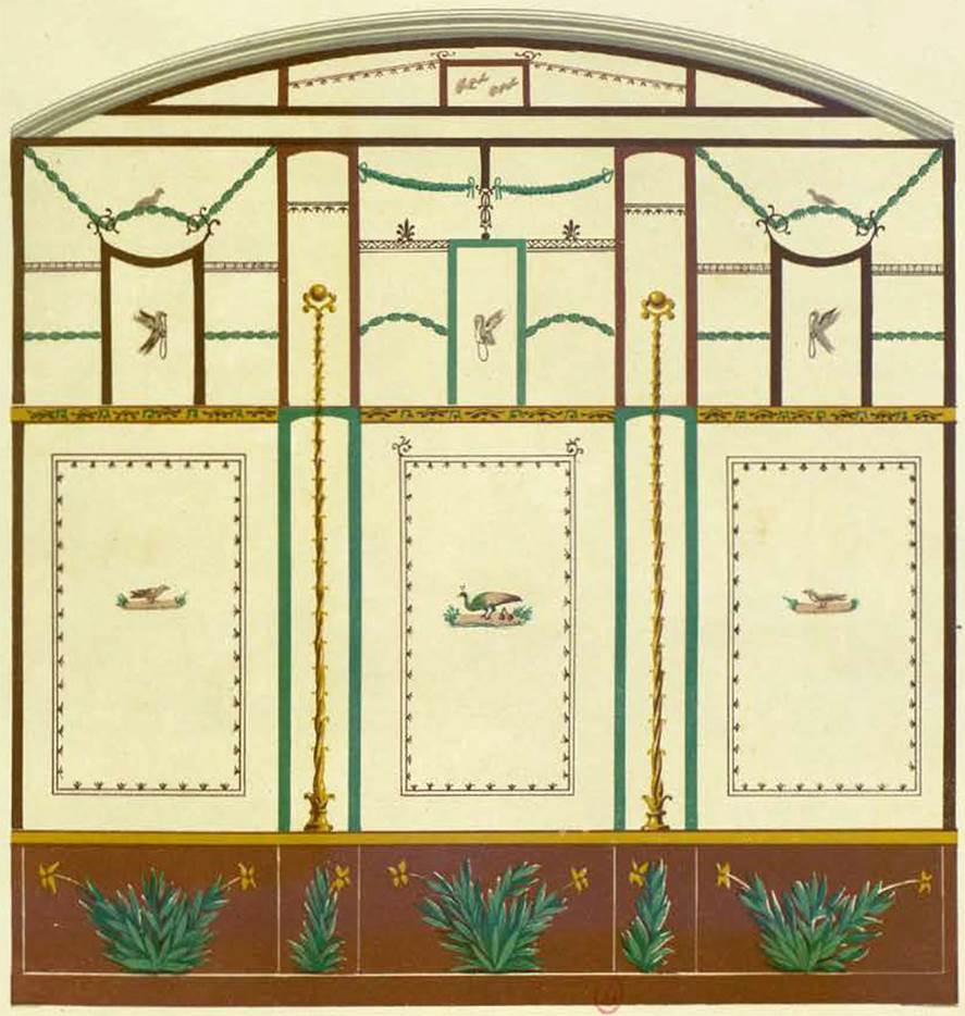 VI.14.25 Pompeii. Triclinium wall decoration, south wall as painted by Presuhn. 
See Presuhn E., 1878. Pompéi : Les dernières fouilles de 1874 à 1878. Leipzig: Weigel, Section IV taf. VI.