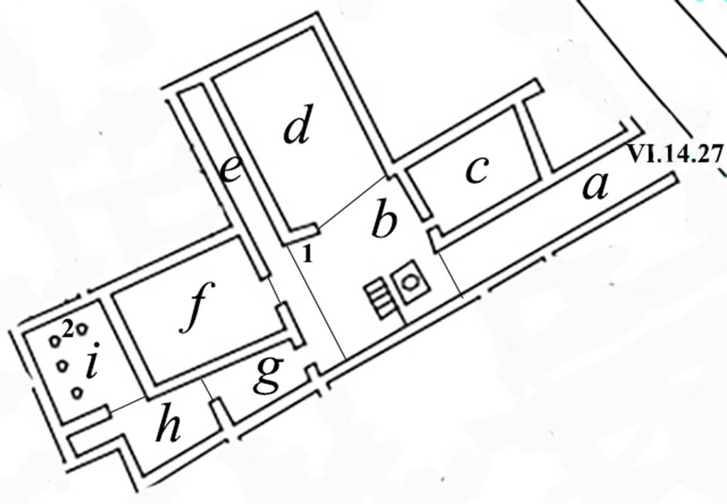 VI.14.27 Pompeii. Plan of house showing location of some of the finds.
In room “b”, at no. 1, was found 
The statue of Venus Anadyomene. Now in Naples Archaeological Museum. Inventory number 110602.
In room “i”, at no. 2, were found
A marble bust of Epicurus. Now in Naples Archaeological Museum. Inventory number 110872.
A marble bust of bearded Pseudo-Seneca. Now in Naples Archaeological Museum. Inventory number 110873. 
A marble herm of Dionysus. Now in Naples Archaeological Museum. Inventory number 110874. 
A marble herm of a Dionysian female. Now in Naples Archaeological Museum. Inventory number 110875.
See Carrella A. et al. Marmo Pompeiana nel Museo Archeologico Nazionale di Napoli. SAP 26: 2008. Roma: L’Erma di Bretschneider, pp. 92-95.
According to Boyce, in the south wall of the small in the south-west corner, room “h” (kitchen?), was a tall rectangular niche.
Its floor projected far beyond the surface of the wall.
Boyce added the note that in the small atrium “b” the following statuettes were found –
5 in bronze, of Isis, Anubis, an old seated man, and the two Lares.
1 in marble, of Venus Anadyomene, adorned with necklace and bracelets of gold.
1 in silver, of Harpocrates leaning upon a tree trunk, with a small dog on either side of him. Inventory number 110626?
1 of terracotta, of a goddess reclining on a couch.
At least the first five of these figures are thought to have been contained in a wooden chest, the lock of which was found by excavators.
Also found were a mirror, coins and small bronze objects.
See Boyce G. K., 1937. Corpus of the Lararia of Pompeii. Rome: MAAR 14. (p. 53, no. 202)  
See Giornale di Scavi, N.S. 3, 1875, p. 172.