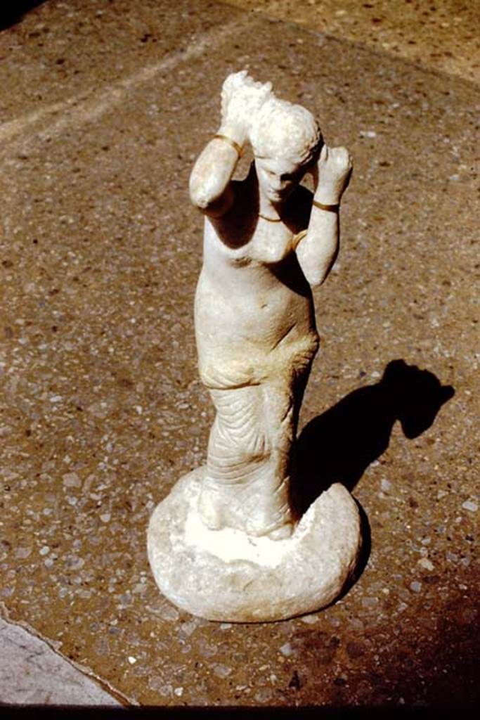 VI.14.27 Pompeii. 1971. Found in room “b”. Marble statuette of Venus, found in the atrium on 16th April 1875.
Now in Naples Archaeological Museum. Inventory number 110602. 
Photo by Stanley A. Jashemski.
Source: The Wilhelmina and Stanley A. Jashemski archive in the University of Maryland Library, Special Collections (See collection page) and made available under the Creative Commons Attribution-Non Commercial License v.4. See Licence and use details.
J71f0274
See Studi della Soprintendenza archeologica di Pompei, no.26: Marmora Pompeiana nel Museo Archeologico Nazionale di Napoli. (p.93).