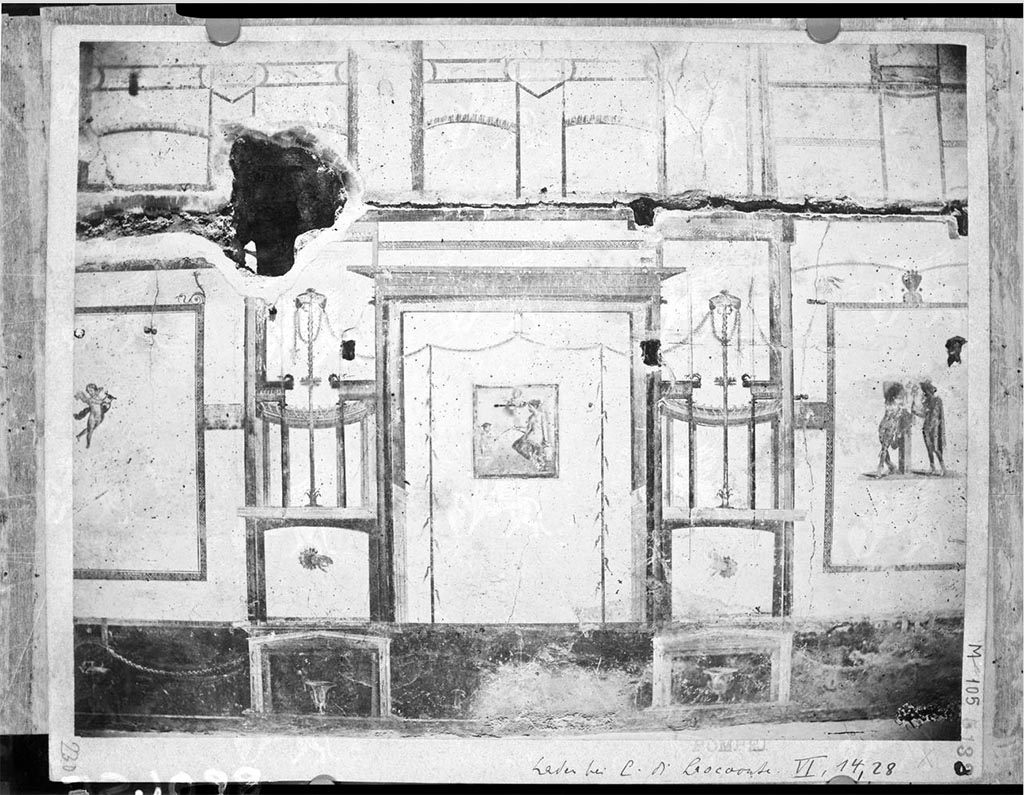 VI.14.28 Pompeii. 1972 reproduction by Van der Poel of an earlier DAIR photo 5133. North wall. 
In the panel on the left is a winged cupid, the central painting is Venus Pescatrice and in the panel to the right are Mercury and Bacchus.
A hole and cavities for shelf supports can be seen, matching those visible in our photos.
DAIR 72.1098. Photo © Deutsches Archäologisches Institut, Abteilung Rom, Arkiv.