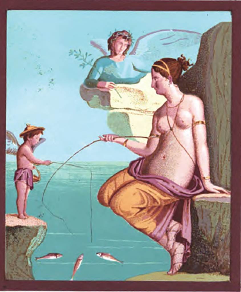 VI.14.28 Pompeii. 1878. Painting of Venus fishing with the help of cupids, found on north wall.
See Presuhn E., 1878. Pompeji: Die Neuesten Ausgrabungen  von 1874 bis 1878. Leipzig: Weigel. (IV, Plate VII).
See Garcia y Garcia, L., 2006. Danni di guerra a Pompei. Rome: L’Erma di Bretschneider. (p.90-1, incl. Fig. 191 with painting of Venus)
See Schefold, K., 1962. Vergessenes Pompeji. Bern: Francke. (p.173 and Taf. 177.3)
See Sogliano, A., 1879. Le pitture murali campane scoverte negli anni 1867-79. Napoli: (p.36, no. 146)
See BdI, 1876, (p.49-50), painting found on same north (right) wall as Mercury and Bacchus, the size of the painting was 0.36 high x 0.33 wide.