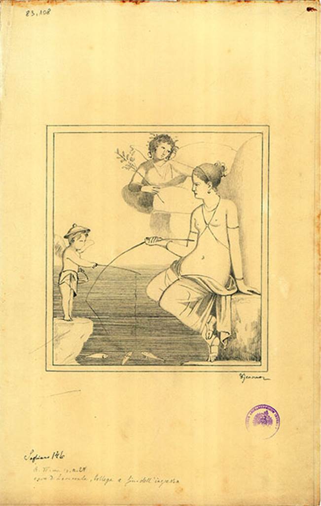 VI.14.28 Pompeii. Drawing by G. Discanno of painting of Venus fishing with the help of cupids, found on north wall.
DAIR 83.108. Photo © Deutsches Archäologisches Institut, Abteilung Rom, Arkiv. 
See http://arachne.uni-koeln.de/item/marbilder/5022282