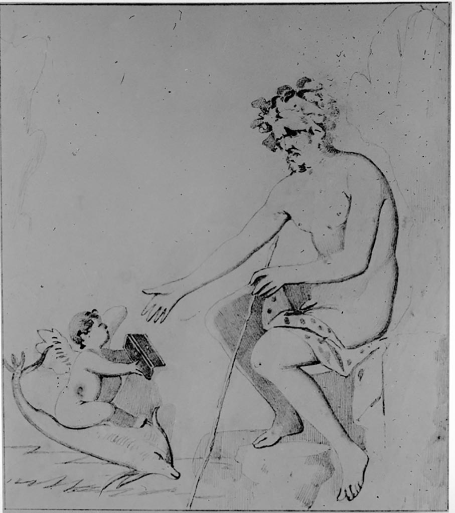 VI.14.28 Pompeii. W1406. 
Drawing of painting of Polyphemus and cupid, from the south wall, drawn by Discanno.
Photo by Tatiana Warscher. Photo © Deutsches Archäologisches Institut, Abteilung Rom, Arkiv.