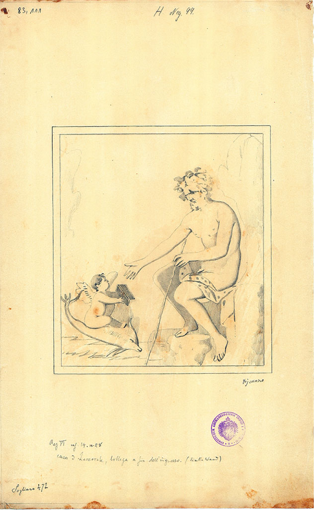 VI.14.28 Pompeii. Drawing of painting of Polyphemus and cupid, from the south wall, drawn by Discanno.
DAIR 83.111. Photo © Deutsches Archäologisches Institut, Abteilung Rom, Arkiv.