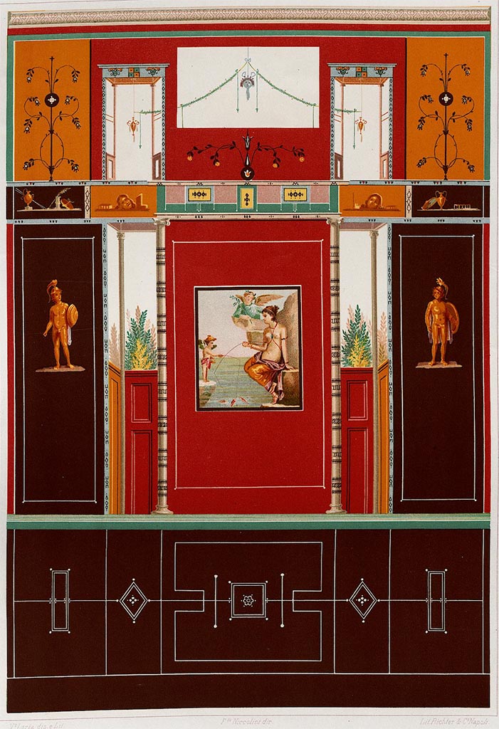 VI.14.29 Pompeii. 
Painting showing north wall but with the painting of Venus fishing in centre, instead of the Banqueting Scene.
This central painting of Venus was from the north wall of VI.14.28 which has different figures in its side panels.
According to Niccolini –
This painting offers a gracious wall, whose centre was occupied by a painting showing Venus Pescatrice, one of the favourite subjects at Pompeii.
See Niccolini F, 1896. Le case ed i monumenti di Pompei: Volume Quarto. Napoli. Supplemento, tav. XXIV.