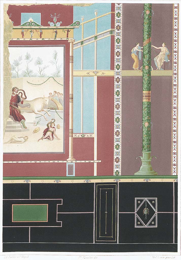 VI.14.30 Pompeii. Water colour by Discanno showing the south wall of atrium, with central painting.
See Niccolini F, 1862. Le case ed i monumenti di Pompei: Volume Secondo. Napoli. Tav. 66.