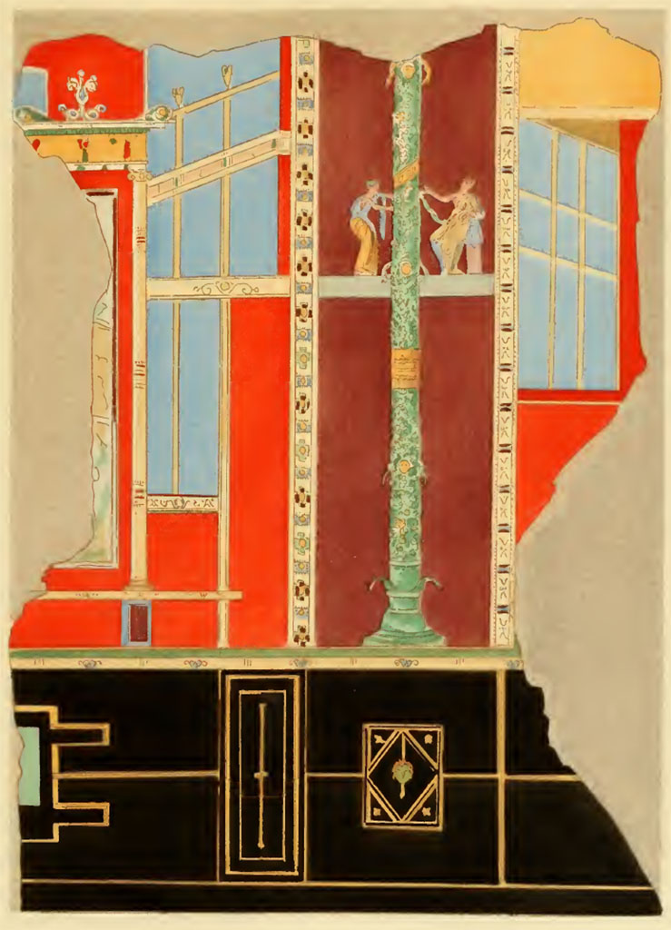 VI.14.30 Pompeii. Undated painting by Pierre Gusman. South wall of atrium, painted decoration on west side of central painting.
IX. Panneau d'une salle de la maison du Laocoon (Région VI, 14, 30). Troisième style.
See Gusman P., 1924. La Décoration Murale de Pompei. Paris : Morancé, pl. IX.