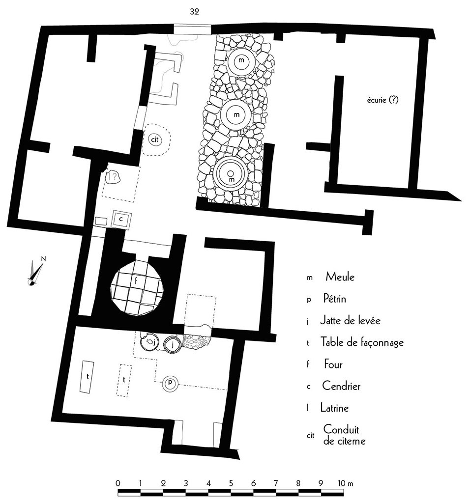 Fig. 9 - Pompéi Pistrina. Plan de la boulangerie VI 14, 28-32.
Relevé : N. Monteix, P. Ducret, F. Fagioli, M. Trouillet ; DAO : N. Monteix, R. Macario ; échelle : 1/100.