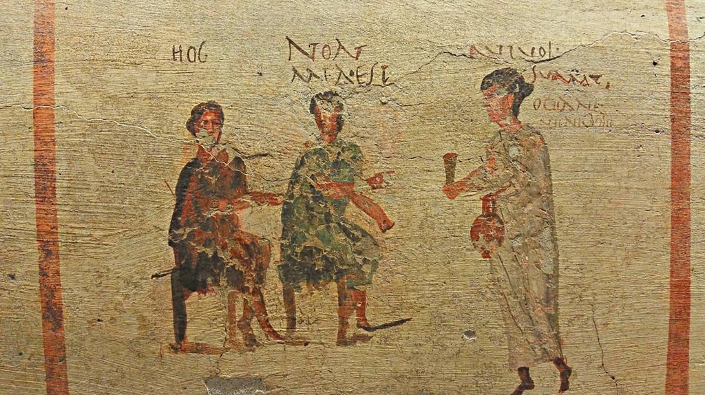 VI.14.35/36 Pompeii. June 2017. Fresco of a scene of drinkers, from the north wall. 
On display in Naples Archaeological Museum, photo courtesy of Giuseppe Ciaramella.