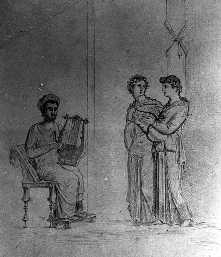 VI.14.38 Pompeii. W.86. Drawing of Pindar and Corinna. 
According to Schefold, the painting was found in the triclinium (e) in the north-east corner of the atrium, on the door (south) wall.
See Schefold, K., 1957. Die Wände Pompejis. Berlin: De Gruyter. (p.136)
According to Schefold, found in room “e” on the north side of the atrium, was a painting of Pindar, Myrtis and Korinna.
See Schefold, K., 1962. Vergessenes Pompeji. Bern: Francke, (p. 82 and Picture on 55,1)
See Sogliano, A., 1879. Le pitture murali campane scoverte negli anni 1867-79. Napoli: Giannini. (p. 132, no. 644, described as a musical contest).
According to Bragantini, this painting was found in the centre of the south wall of triclinium (e).
See Bragantini, de Vos, Badoni, 1983. Pitture e Pavimenti di Pompei, Parte 2. Rome: ICCD. (p.293)
Photo by Tatiana Warscher. Photo © Deutsches Archäologisches Institut, Abteilung Rom, Arkiv.