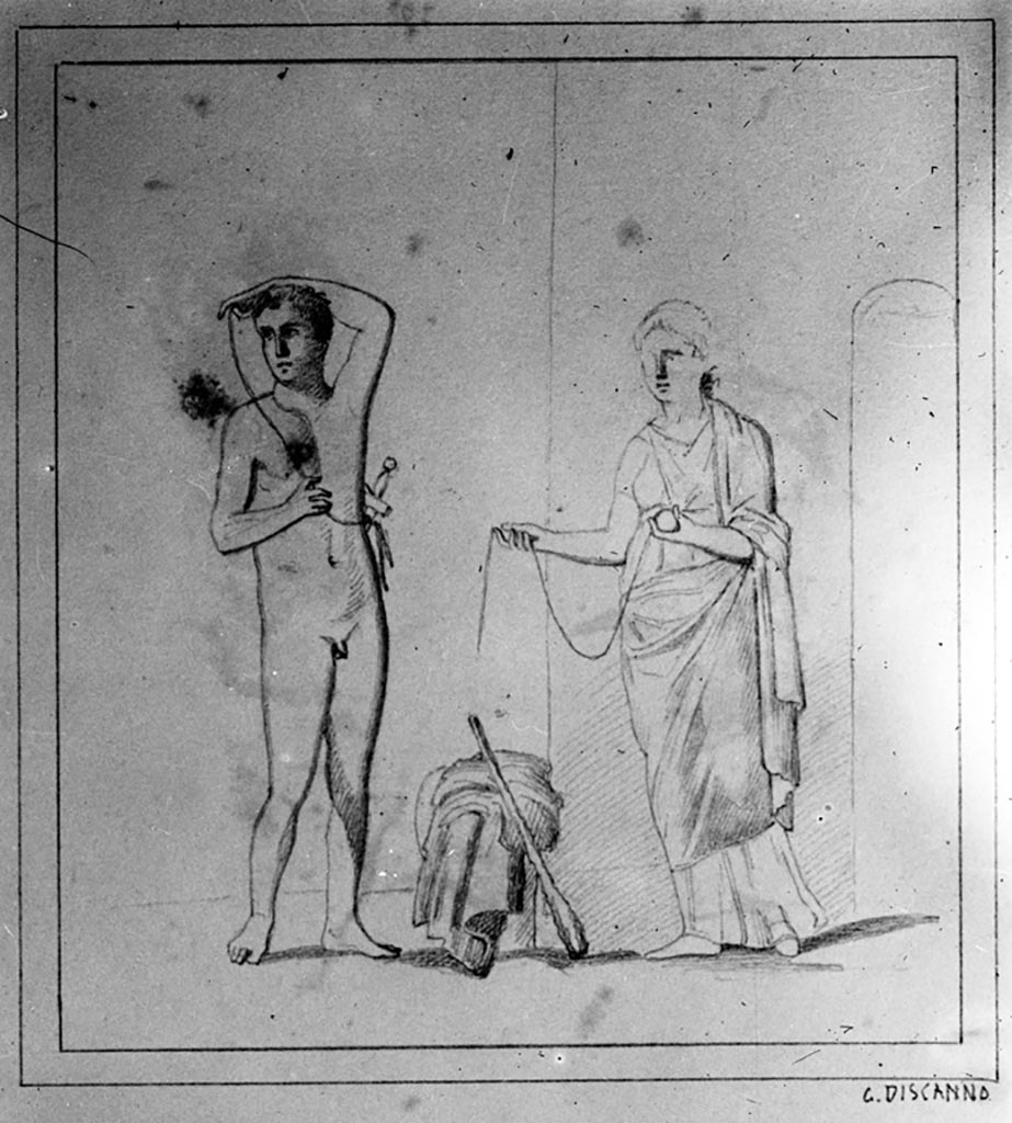 VI.14.38 Pompeii. W.87. Drawing by Discanno of wall painting of Theseus receiving the ball of string from Ariadne.
According to Schefold, this was found on the left wall of triclinium to the left of the tablinum, room “L”. 
See Schefold, K., 1957. Die Wände Pompejis. Berlin: De Gruyter. (p.136)
Photo by Tatiana Warscher. Photo © Deutsches Archäologisches Institut, Abteilung Rom, Arkiv.