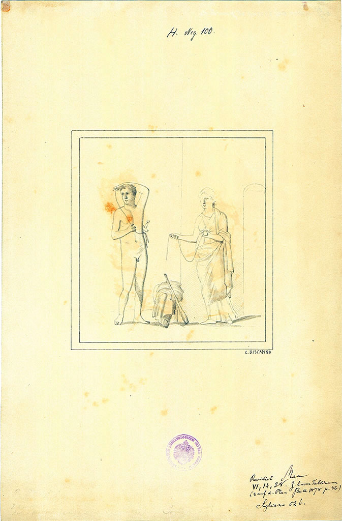 VI.14.38 Pompeii. Drawing by Discanno of wall painting of Theseus receiving the ball of string from Ariadne.
According to Schefold, this was found on the left wall of triclinium to the left of the tablinum, room “L”. 
See Schefold, K., 1957. Die Wände Pompejis. Berlin: De Gruyter. (p.136)
DAIR 83.112. Photo © Deutsches Archäologisches Institut, Abteilung Rom, Arkiv.