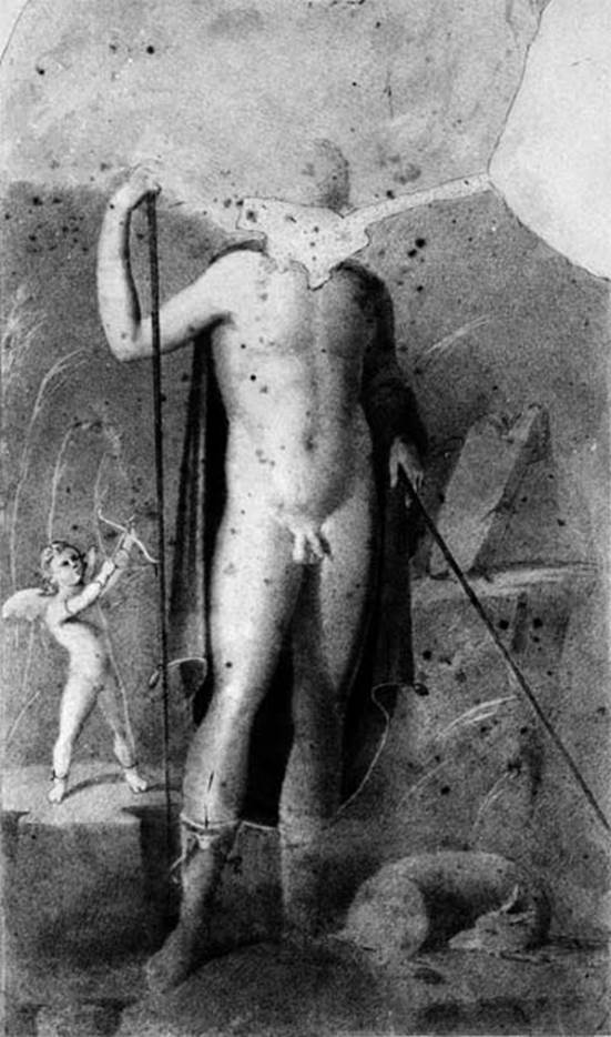 VI.14.39 Pompeii. Exedra. Old undated photograph of painting of Cyparissus being aimed at by cupid. According to Schefold, this was found in room “i”, an exedra.
See Schefold, K., 1962. Vergessenes Pompeji. Bern: Francke. (p.73, Pl. 54, 3)
According to Sogliano, the painting was from exedra “L”.
See Sogliano, A., 1879. Le pitture murali campane scoverte negli anni 1867-79. Napoli: Giannini. (p. 28, no. 110).
According to PPP, the painting was found in the central panel of the north wall of exedra “m”.
See Bragantini, de Vos, Badoni, 1983. Pitture e Pavimenti di Pompei, Parte 2. Rome: ICCD. (p.294).
According to Mau, this was the most important 2nd Style painting found in the house. 
In exedra, room “i”, on both of  the interior entrance areas of the room were paintings of hanging fish, as seen in many examples in Naples Museum. On the left wall in the central panel was a large painting, although it was rather damaged. It showed a young man (Cyparissus), naked other than yellow boots laced up his legs and a cloak of purple covering his back and left arm. In his right hand he held a spear, with another one under his left arm. At his feet lay an animal, perhaps a deer or goat? His painted head was lost. On his left was a cupid, in the act of firing his arrow. See Mau in BdI, 1878, (p.92)