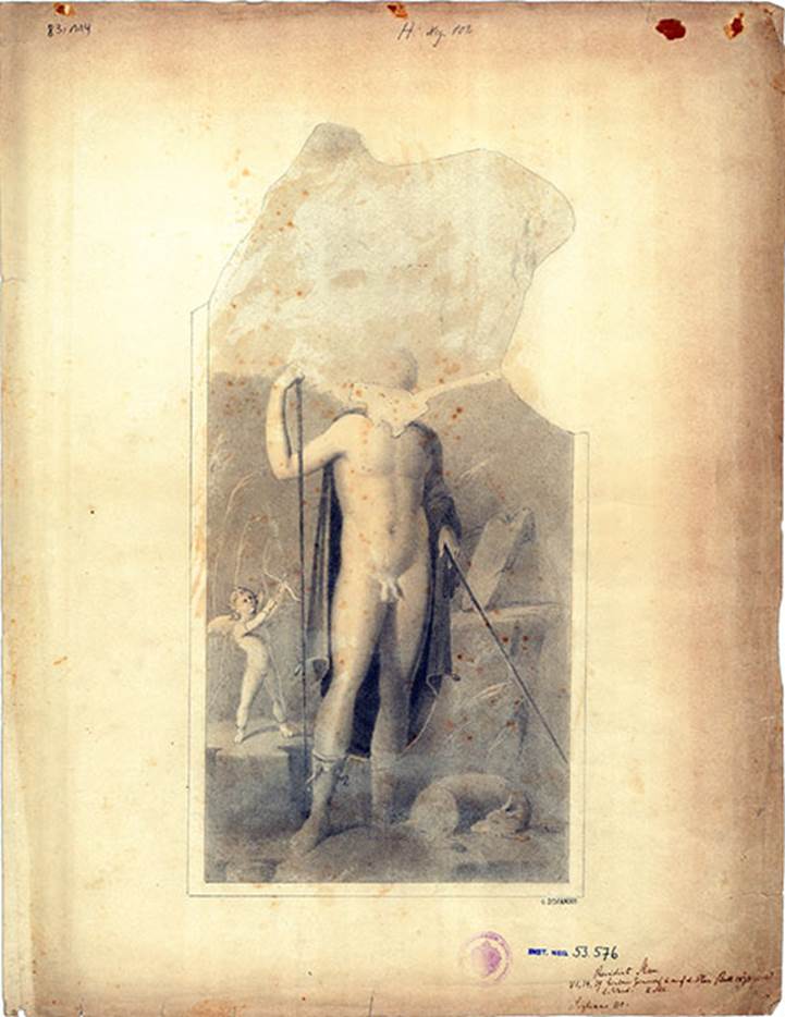 VI.14.39 Pompeii. Exedra. Drawing by G. Discanno of painting of Cyparissus being aimed at by cupid.
DAIR describe it as Drawing: Cupid shoots an arrow at a young hunter.
Rear room. Left wall. Second style.
DAIR 83.114. Photo © Deutsches Archäologisches Institut, Abteilung Rom, Arkiv. 
See http://arachne.uni-koeln.de/item/reproduktion/3315429