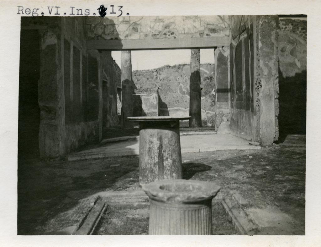 VI.14.40 Pompeii but numbered as VI.13. Pre-1937-39. Looking east across impluvium in atrium towards tablinum. 
Photo courtesy of American Academy in Rome, Photographic Archive. Warsher collection no. 435.