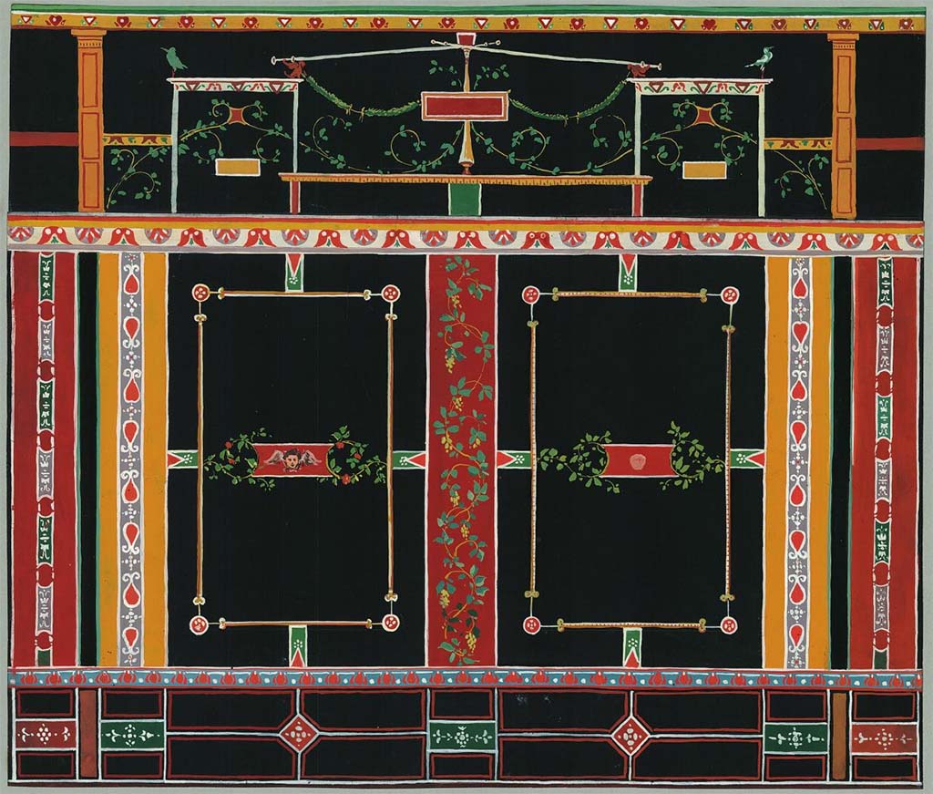 VI.14.40 Pompeii. 
Painting sometime between 1834-1890 by C. E. Plitt which would seem to show a wall in the large triclinium on the north side rear of the house. 
Not signed but in a folder with others numbered A-VII-34-90 to 111 with title: "Pompeji. Handmalereien von C. E. Plitt".
DAIR A-VII-34-111. Photo © Deutsches Archäologisches Institut, Abteilung Rom, Arkiv.