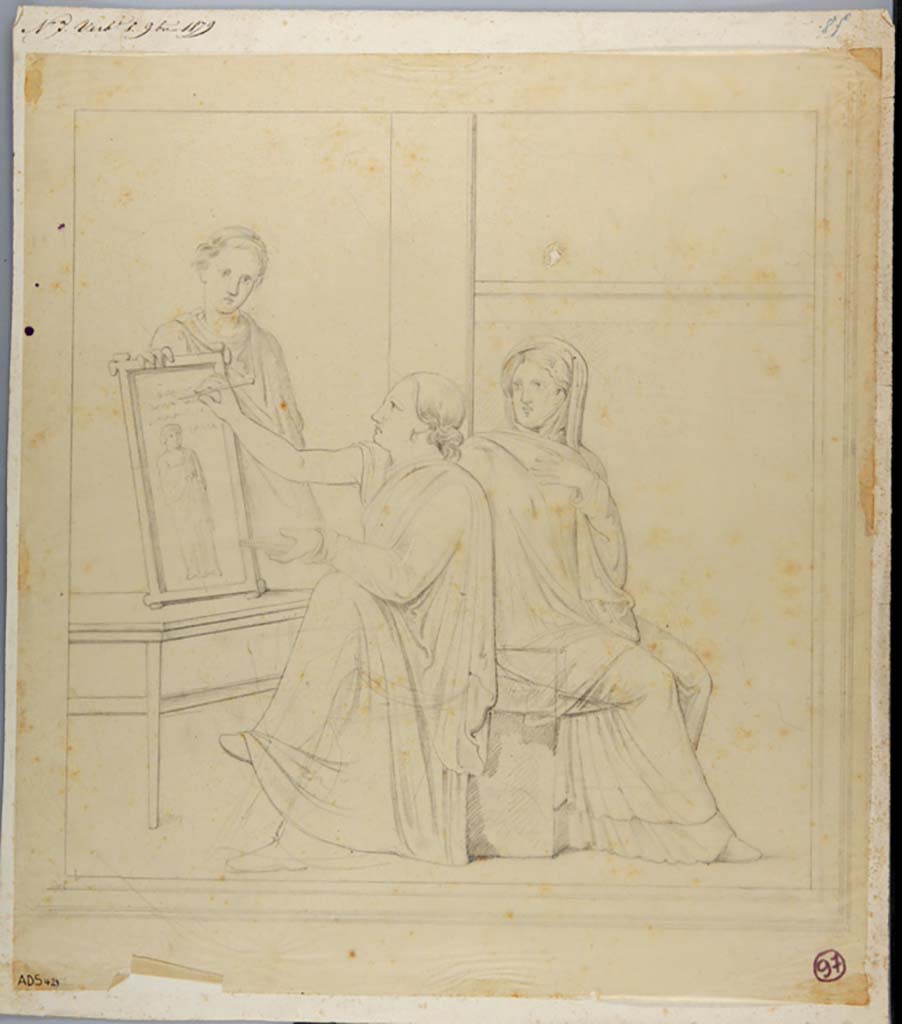 VI.14.42 Pompeii. Drawing by Giuseppe Abbate, of painting found on west wall of cubiculum on south side of entrance corridor.
Now in Naples Archaeological Museum. Inventory number ADS 421.
Photo © ICCD. http://www.catalogo.beniculturali.it
Utilizzabili alle condizioni della licenza Attribuzione - Non commerciale - Condividi allo stesso modo 2.5 Italia (CC BY-NC-SA 2.5 IT)