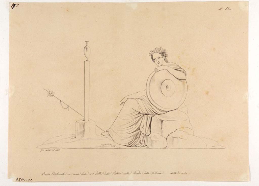 VI.14.42 Pompeii. Drawing by Giuseppe Abbate, 1846, of painting of a sitting Maenad found on south wall of tablinum, but now completely disappeared.
Now in Naples Archaeological Museum. Inventory number ADS 423.
Photo © ICCD. http://www.catalogo.beniculturali.it
Utilizzabili alle condizioni della licenza Attribuzione - Non commerciale - Condividi allo stesso modo 2.5 Italia (CC BY-NC-SA 2.5 IT)