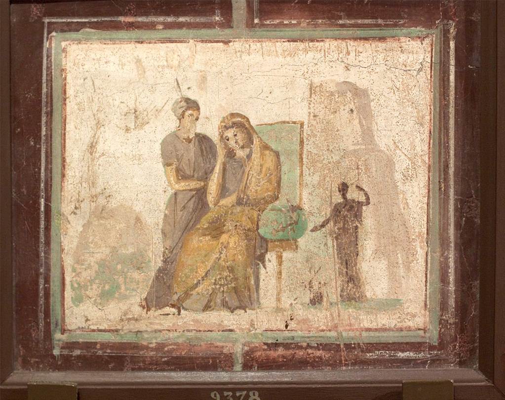 VI.14.42 Pompeii.  Room on south side (right) from tablinum. Wall painting of Phaedra and wet nurse or two women in conversation. Now in Naples Archaeological Museum.  Inventory number 9378. See Helbig, W., 1868. Wandgemälde der vom Vesuv verschütteten Städte Campaniens. Leipzig: Breitkopf und Härtel. (1433 described as Woman and ladies maid).
See Schefold, K., 1957. Die Wände Pompejis. Berlin: De Gruyter. (p. 138).