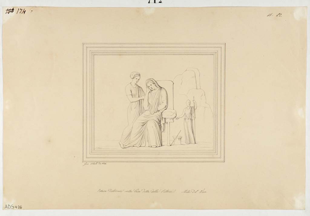 VI.14.42 Pompeii. Drawing by Giuseppe Abbate, 1846, of painting found on east wall in cubiculum on south side of tablinum.
Now in Naples Archaeological Museum. Inventory number ADS 426.
Photo © ICCD. http://www.catalogo.beniculturali.it
Utilizzabili alle condizioni della licenza Attribuzione - Non commerciale - Condividi allo stesso modo 2.5 Italia (CC BY-NC-SA 2.5 IT)