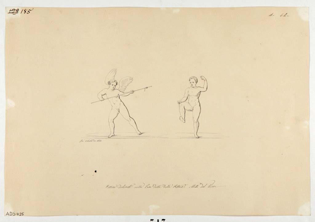 VI.14.42 Pompeii. Drawing by Giuseppe Abbate, 1846, of painted panels found on south wall of cubiculum on south side of tablinum.
Now in Naples Archaeological Museum. Inventory number ADS 425.
Photo © ICCD. http://www.catalogo.beniculturali.it
Utilizzabili alle condizioni della licenza Attribuzione - Non commerciale - Condividi allo stesso modo 2.5 Italia (CC BY-NC-SA 2.5 IT)