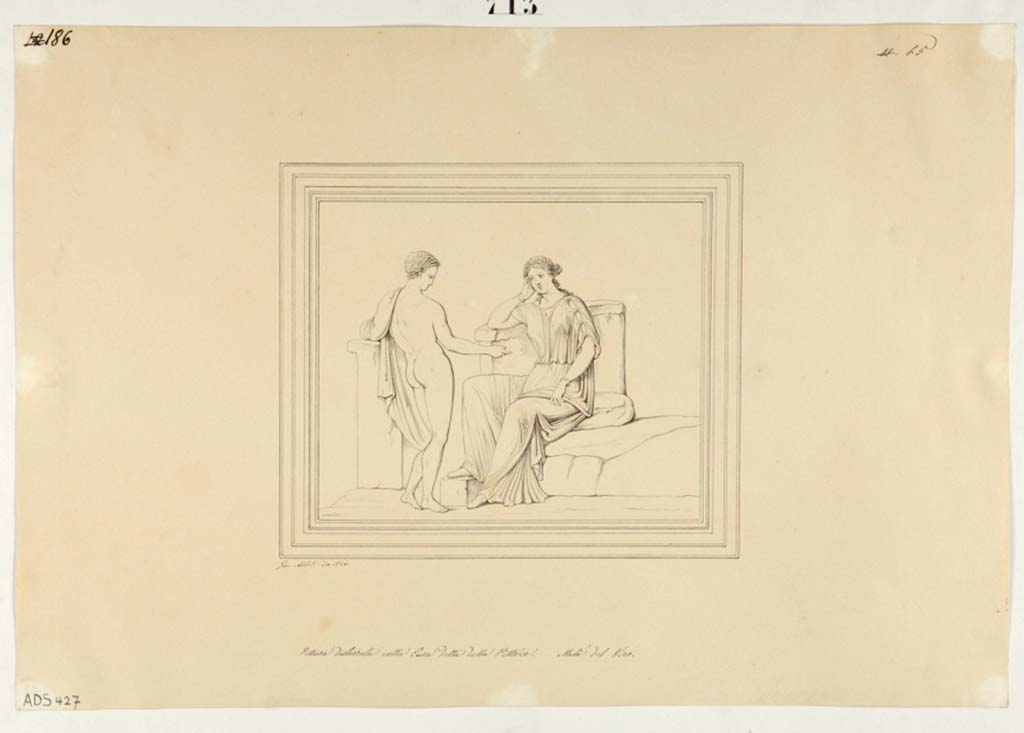 VI.14.42 Pompeii. Drawing by Giuseppe Abbate,1846, of painting found on north wall of cubiculum on south side of tablinum.
A masculine standing figure and female sitting, (Helbig 1392b), perhaps Paris and Helen or Phaedra and Hippolytus.
Now in Naples Archaeological Museum. Inventory number ADS 427.
Photo © ICCD. http://www.catalogo.beniculturali.it
Utilizzabili alle condizioni della licenza Attribuzione - Non commerciale - Condividi allo stesso modo 2.5 Italia (CC BY-NC-SA 2.5 IT)
The original painting is now in Naples Archaeological Museum.