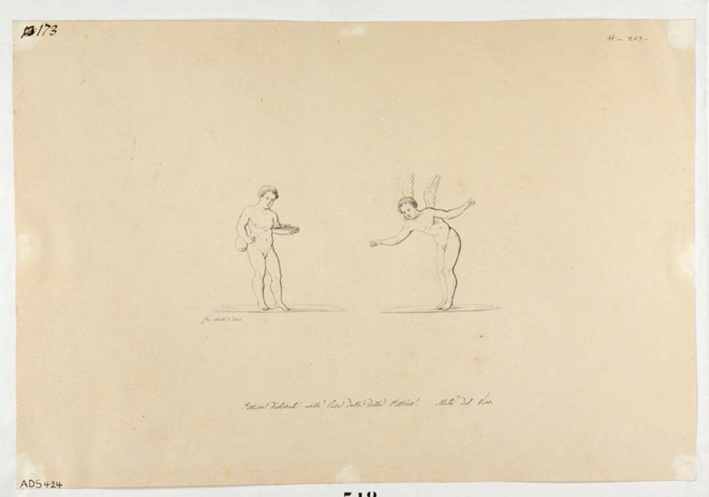 VI.14.42 Pompeii. Drawing by Giuseppe Abbate, 1846, of painted panels found on north wall of cubiculum on south side of tablinum, on either side of the central painting above.
These were left in situ and have now faded and disappeared.
Now in Naples Archaeological Museum. Inventory number ADS 424.
Photo © ICCD. http://www.catalogo.beniculturali.it
Utilizzabili alle condizioni della licenza Attribuzione - Non commerciale - Condividi allo stesso modo 2.5 Italia (CC BY-NC-SA 2.5 IT)
