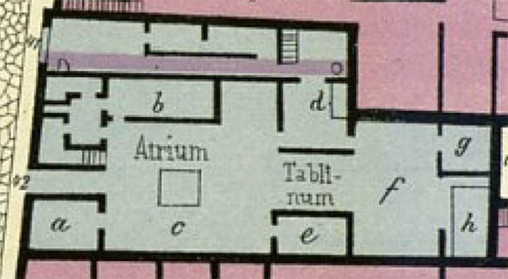 VI.14.42 Pompeii. Plan by Emile Presuhn showing entrances at VI.14.41 and 42.
See Presuhn E., 1878. Pompeji: Les dernières fouilles de 1874 a 1878. Leipzig: Weigel, section V, plate I.