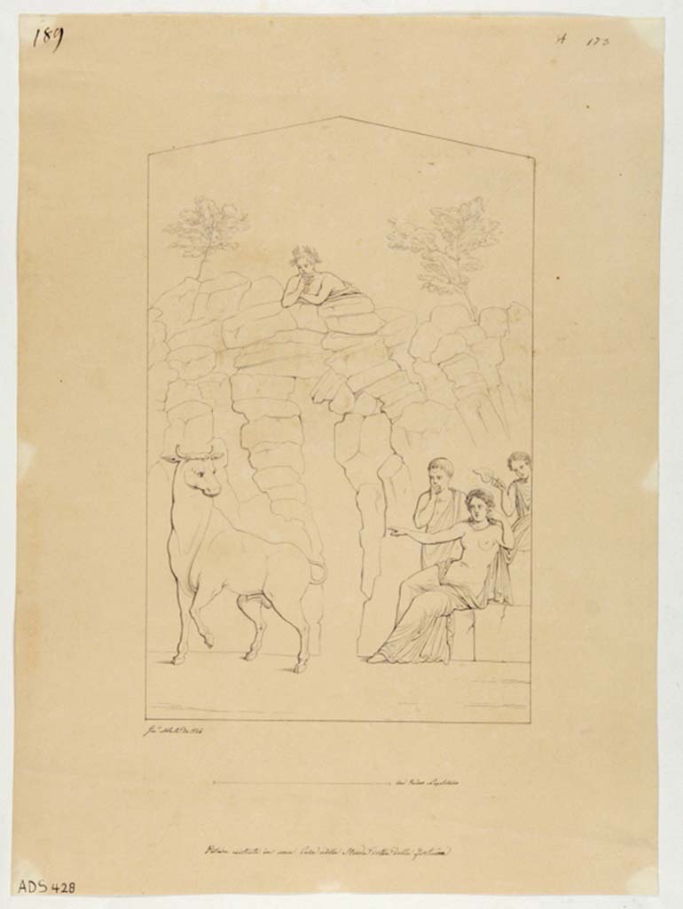 VI.14.43 Pompeii. 
Room 2, drawing by Giuseppe Abbate, 1846, of painting of Daedalus and Pasiphae from centre of east wall of cubiculum on north side of entrance.  
The original wall painting has now completely faded and disappeared. Now in Naples Archaeological Museum. Inventory number ADS 428.
Photo © ICCD. http://www.catalogo.beniculturali.it
Utilizzabili alle condizioni della licenza Attribuzione - Non commerciale - Condividi allo stesso modo 2.5 Italia (CC BY-NC-SA 2.5 IT)