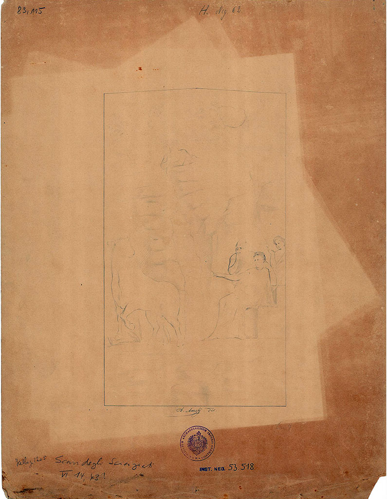 VI.14.43 Pompeii. Room 2, east wall of cubiculum on north side of entrance.  
Drawing by A. Aurelj of the painting of Daedalus and Pasiphae from the centre of the middle zone.
DAIR 83.115. Photo © Deutsches Archäologisches Institut, Abteilung Rom, Arkiv.