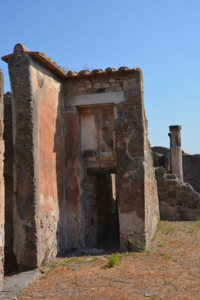 VI.14.43 Pompeii. September 2019.
Room 6, looking towards west end of corridor in atrium, leading east to rear of house with preserved outline of doors above. 
Foto Annette Haug, ERC Grant 681269 DÉCOR.
