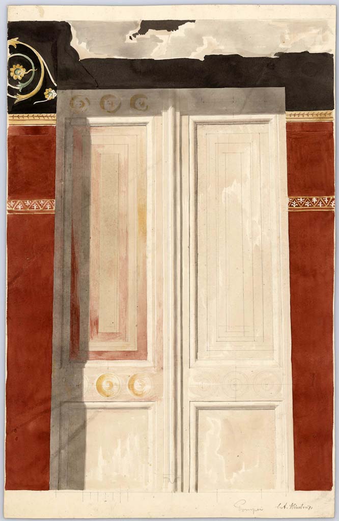 VI.14.43 Pompeii. 1849. Painting by Laurits Albert Winstrup. 
Atrium, looking towards upper east wall in north-east corner, stucco door of two-shutter basso-relief.
Photo © Danmarks Kunstbibliotek, inventory number ark_6184.