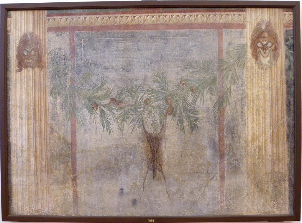 VI.14.43 Pompeii. Room 15, north wall of triclinium. Fresco with masks and pine garland from which is suspended a goat’s skin.
Now in Naples Archaeological Museum. Inventory number 9901.
According to Grasso, referring also to Mau and Bragantini, pine garlands occur rarely in Pompeii, where only 5 examples are known and this one is from VI.14.43.
See Sampaolo V. and Bragantini I., 2009. La Pittura Pompeiana. Electa: Verona, p. 199. 
See Mau, A. 1882. Geschichte der Decorativen Wandmalerei in Pompeji. Berlin: Reimer, pp. 267-8.
See Carratelli, G. P., 1990-2003. Pompei: Pitture e Mosaici: Vol V. Roma: Istituto della enciclopedia italiana, p. 466 no. 74.
The card accompanying the painting in the Naples Museum in 2009 said –
“The unusual depiction of a garland of pine, from which hangs a goat skin, allows us to conclude that this fragment was taken from the triclinium of the Casa degli Scienzati…”