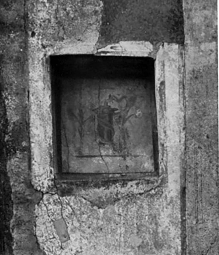 VI.14.43 Pompeii. 1930s. Niche with painted altar with plants and serpent.  
See Boyce G. K., 1937. Corpus of the Lararia of Pompeii. Rome: MAAR 14. (p.54, no.209, with Pl.8,2)