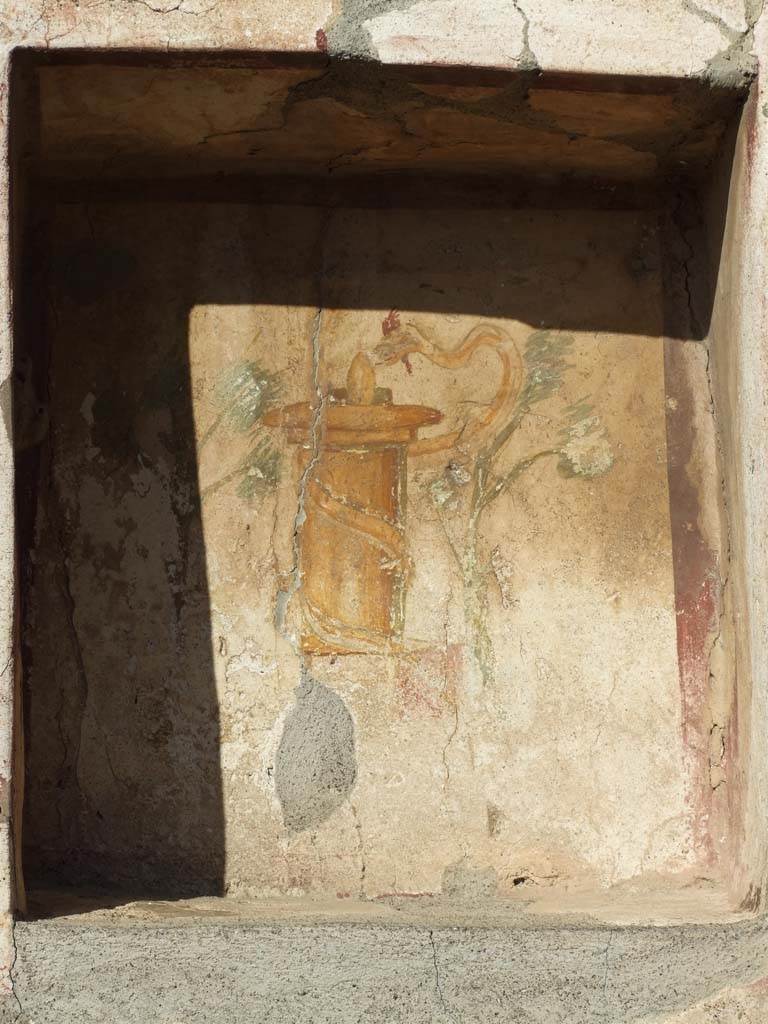 VI.14.43 Pompeii. December 2007. Niche with painted altar with plants and serpent.  
According to Boyce, in the north wall of the peristyle is a rectangular niche.
On the back wall is painted a yellow cylindrical altar, on a rectangular base between two trees.
Around the altar coils a yellow serpent with red crest and beard, raising its head to the egg on top.
A tall rectangular panel on the wall around the niche was outlined with a red stripe, as was the opening of the niche itself.
Below the niche were seven graffiti, CIL IV 1533-1539.
See Boyce G. K., 1937. Corpus of the Lararia of Pompeii. Rome: MAAR 14. (p.54, no.209, with Pl.8, 2 and 3) 
See Giacobello, F., 2008. Larari Pompeiani: Iconografia e culto dei Lari in ambito domestico. Milano: LED Edizioni. (p.275)
See Fröhlich, T., 1991. Lararien und Fassadenbilder in den Vesuvstädten. Mainz: von Zabern. (p.279, L69, some plaster fallen and part of niche destroyed).