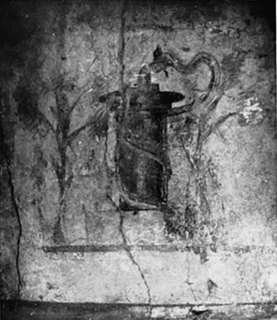 VI.14.43 Pompeii. 1937. Niche. Detail of painted altar with plants and serpent. 
See Boyce G. K., 1937. Corpus of the Lararia of Pompeii. Rome: MAAR 14. (p.54, no.209, with Pl.8,3)