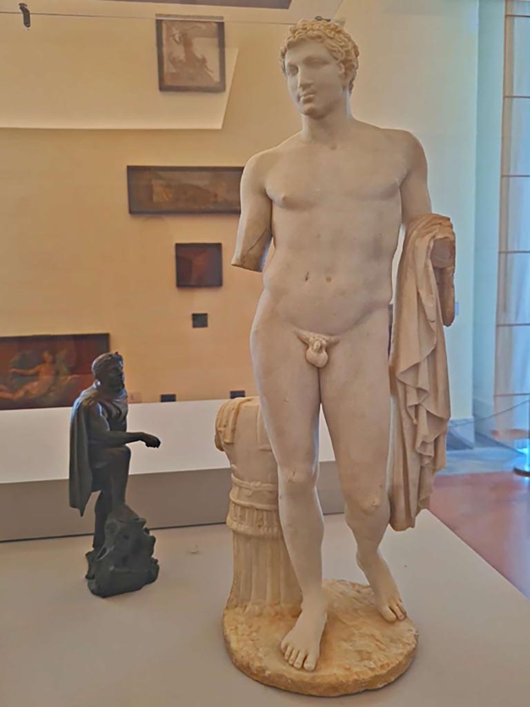 ???VI.14.43 Pompeii. October 2023. 
According to the MANN description card above, this is the marble statue of Hellenistic ruler (?), inv. 6389. 
According to Jashemski, the photo of this statuette in her book is described as being “of Mars” (0.68m high without base) and numbered as
inv. no. 126249, as above statue. Photo courtesy of Giuseppe Ciaramella. 
On display in “L’altra MANN” exhibition, October 2023, at Naples Archaeological Museum.
See Jashemski, W. F., 1993. The Gardens of Pompeii, Volume II: Appendices. New York: Caratzas. (p.152, inc. photo of statue of Mars, fig.164).