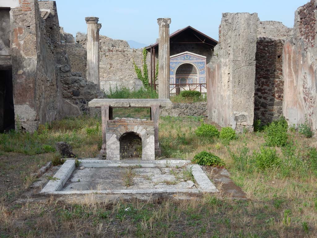 VI.14.43 Pompeii. June 2019. 
Room 1, looking east across atrium and tablinum, across pseudo-peristyle towards mosaic fountain in background.
Photo courtesy of Buzz Ferebee.
