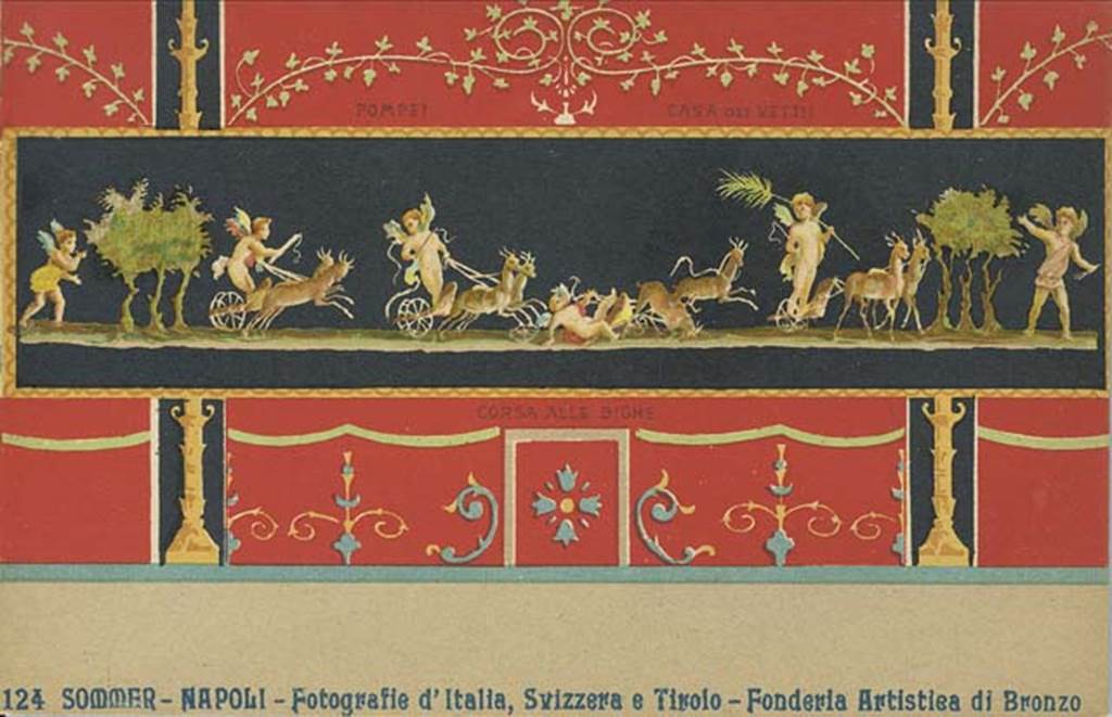 VI.15.1 Pompeii. Early 20th century postcard by G. Sommer, no.124, showing painting of cupids from the east wall. Photo courtesy of Rick Bauer.