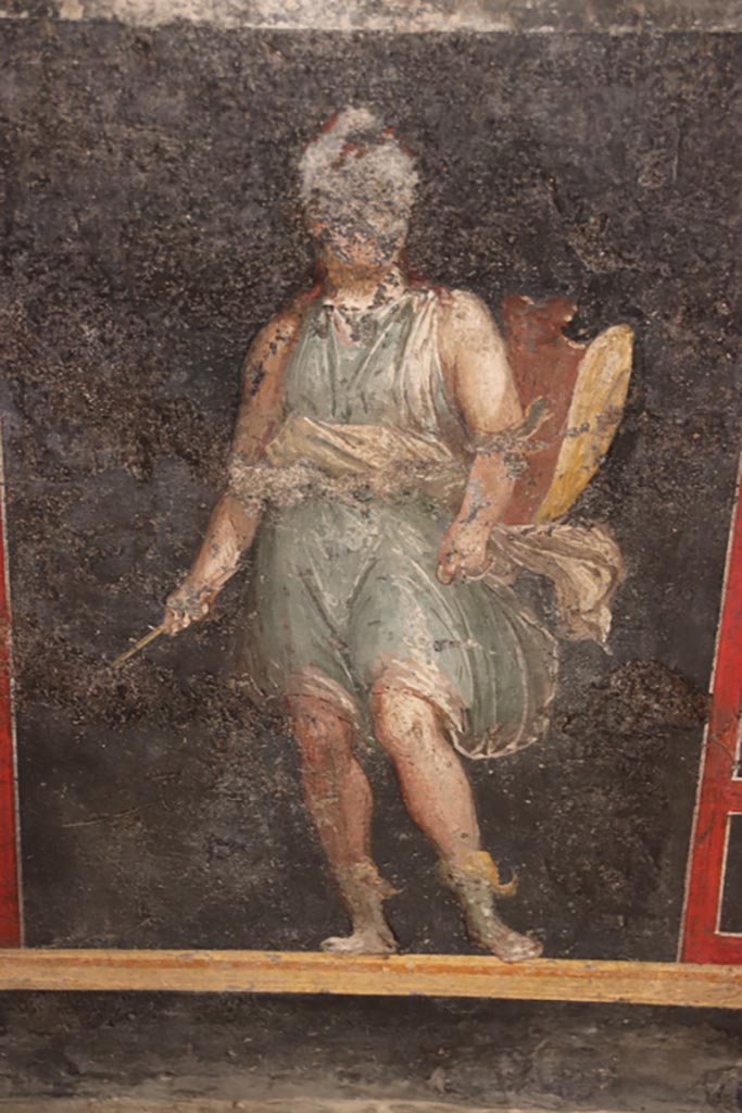 VI.15.1 Pompeii. October 2023.
Panel of Amazon armed with a shield, from zoccolo on lower east wall. Photo courtesy of Klaus Heese.