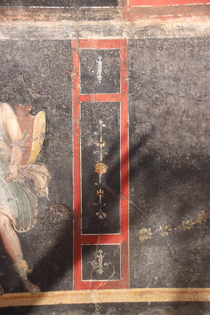 VI.15.1 Pompeii. October 2024.
Detail from lower east wall on south side of panel with painted Amazon. Photo courtesy of Klaus Heese.