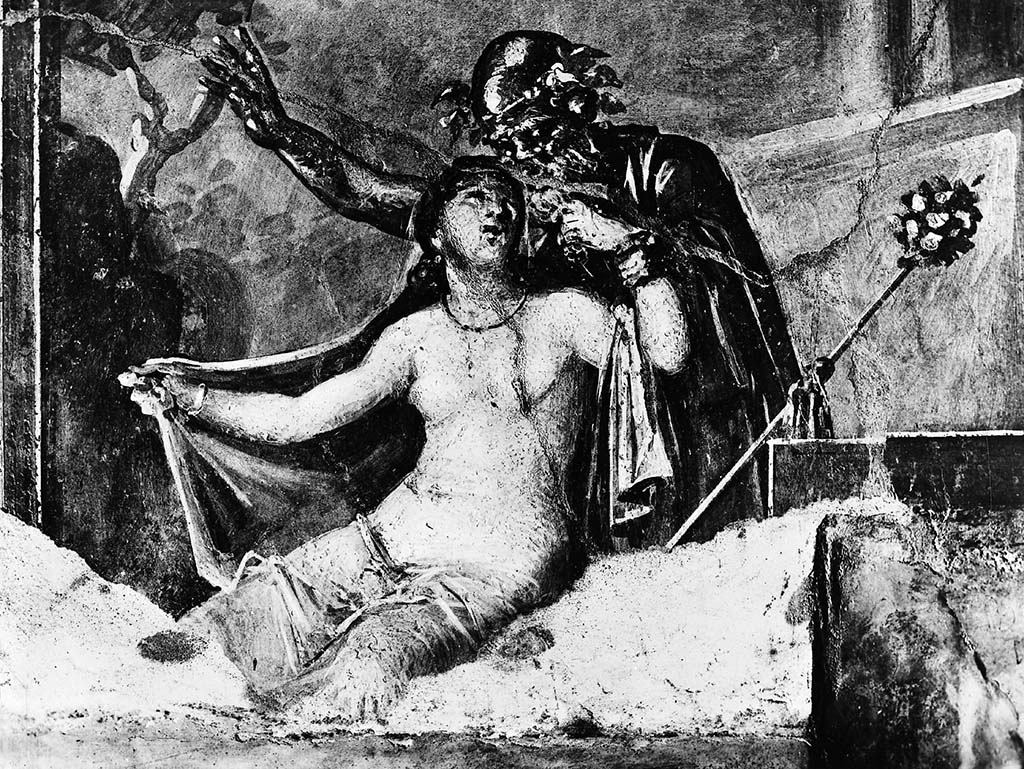 VI.15.1 Pompeii. Wall painting of Silenus and Hermaphroditus on west side of doorway.
Photo courtesy of Wellcome Collection. See Wellcome Collection. Use Attribution 4.0 International (CC BY 4.0)